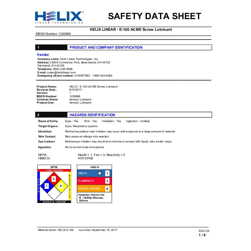 MSDS-E100 Lubricant Safety Data Sheet